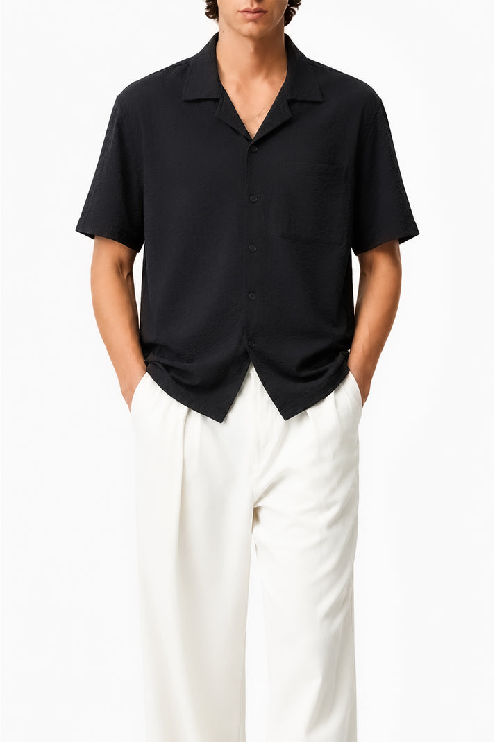 Dobby Black Cuban Collar Shirt