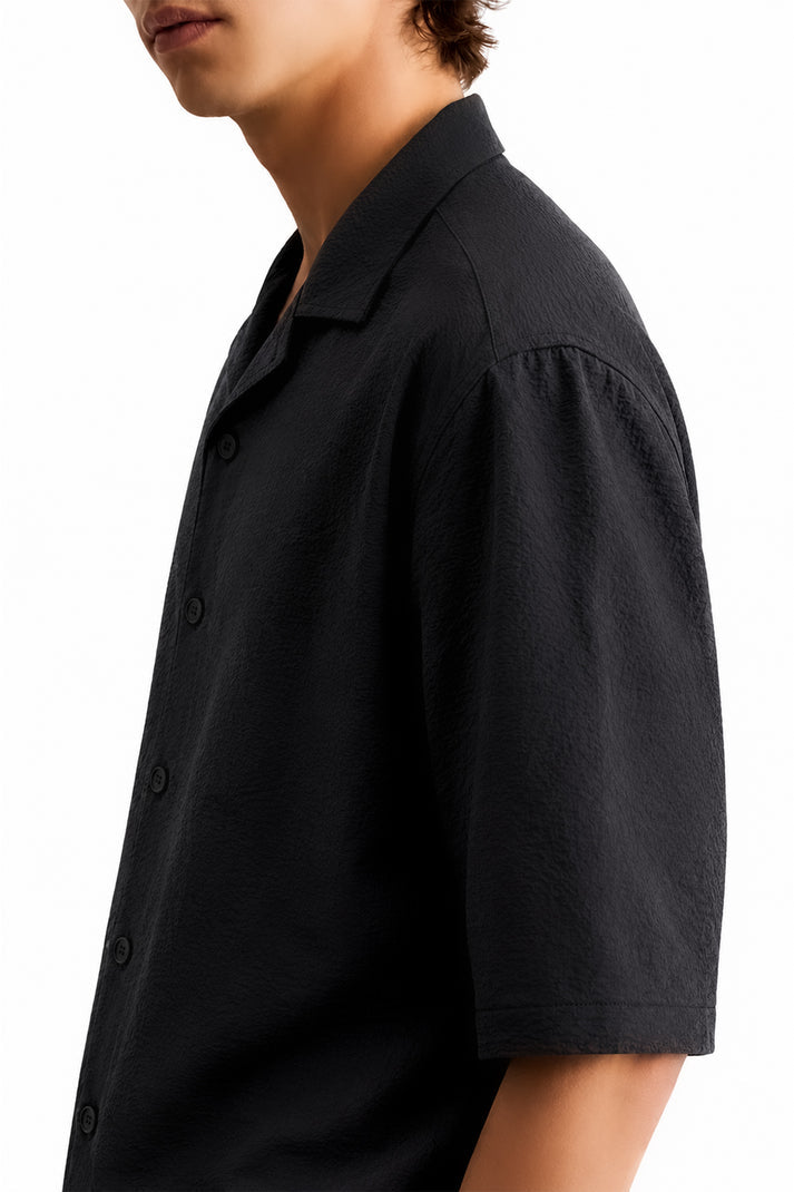 Dobby Black Cuban Collar Shirt