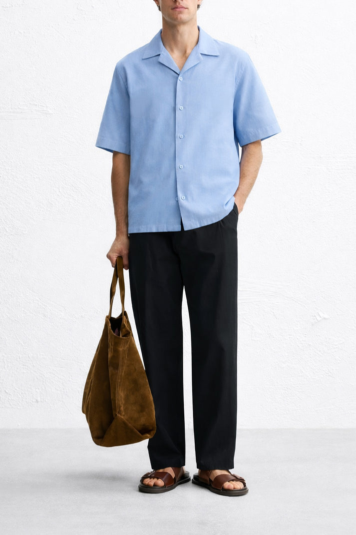 Sky Blue Jacquard Cuban Collar Shirt