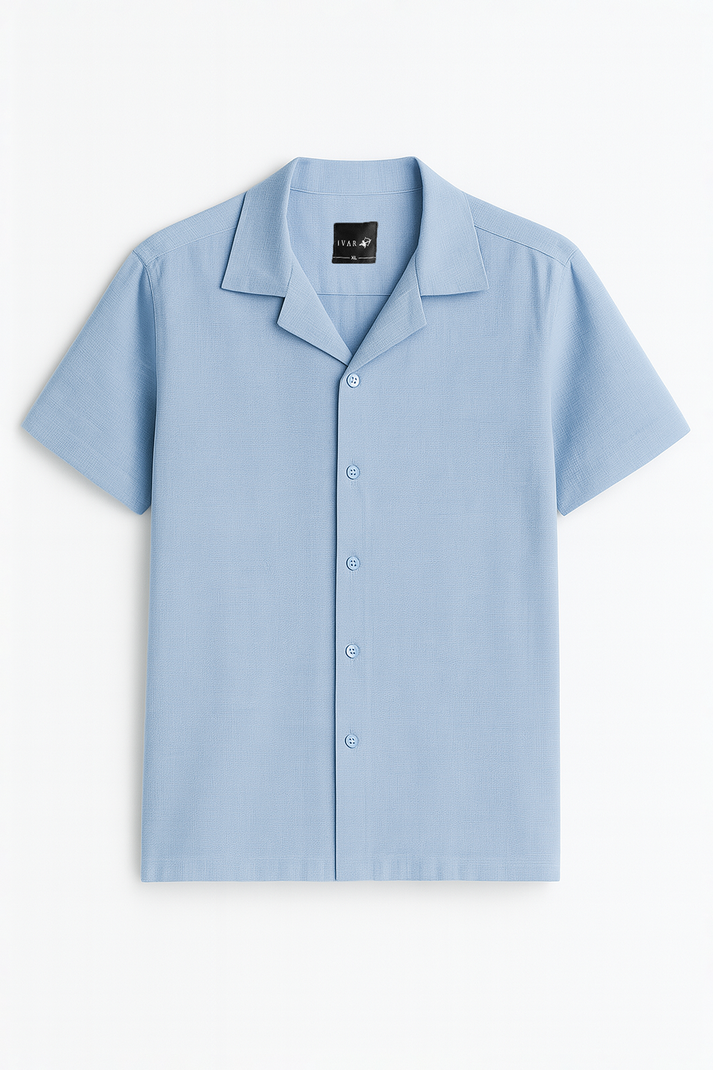 Sky Blue Jacquard Cuban Collar Shirt